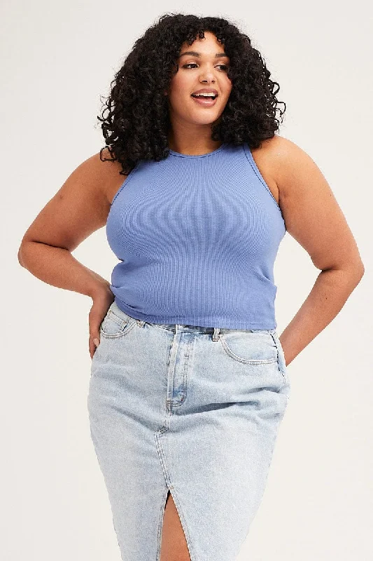 Blue Crew Neck Rib Tank Top cute tank top