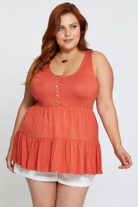 Orange Tank Top Peplum Scoop Neck Jersey Button Front yoga tank top