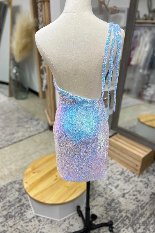 Light Blue Sequin One-Shoulder Flowers Short Party Dress Shift Classic Vintage