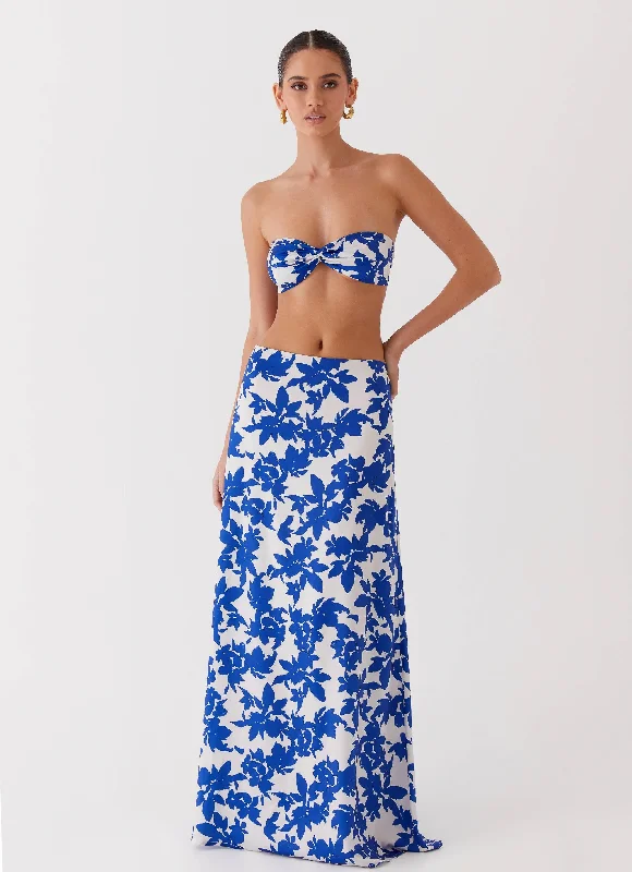 Sky Gaze Low Rise Maxi Skirt - Blue Floral linen skirt natural