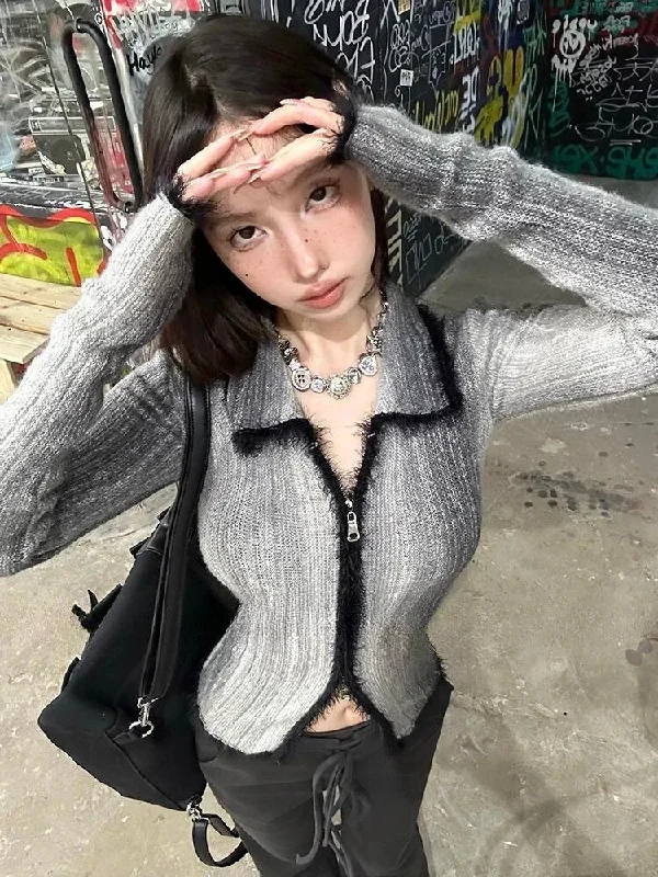 Acubi Fluffy Double Zip-Up Cardigan Boat Neck Shawl Collar Notched Collar
