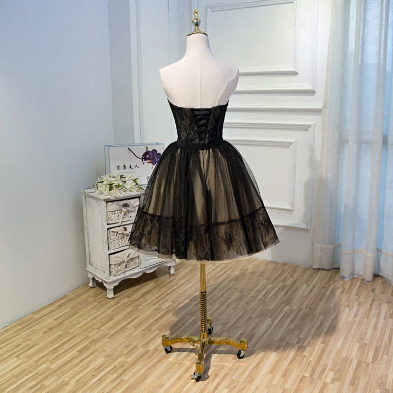 Black and Champagne Tulle Sweetheart Lace Short Party Dress, Tulle Homecoming Dresses Off-the-shoulder Bohemian Festive Black and Champagne Tulle Sweetheart Lace Short Party Dress, Tulle Homecoming Dresses Off-the-shoulder Bohemian Festive