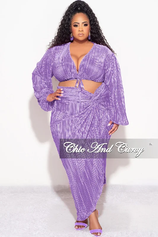 Final Sale Plus Size 2pc Pleated Crop Tie Top & Wrap Skirt Set in Lavender high waist skirt