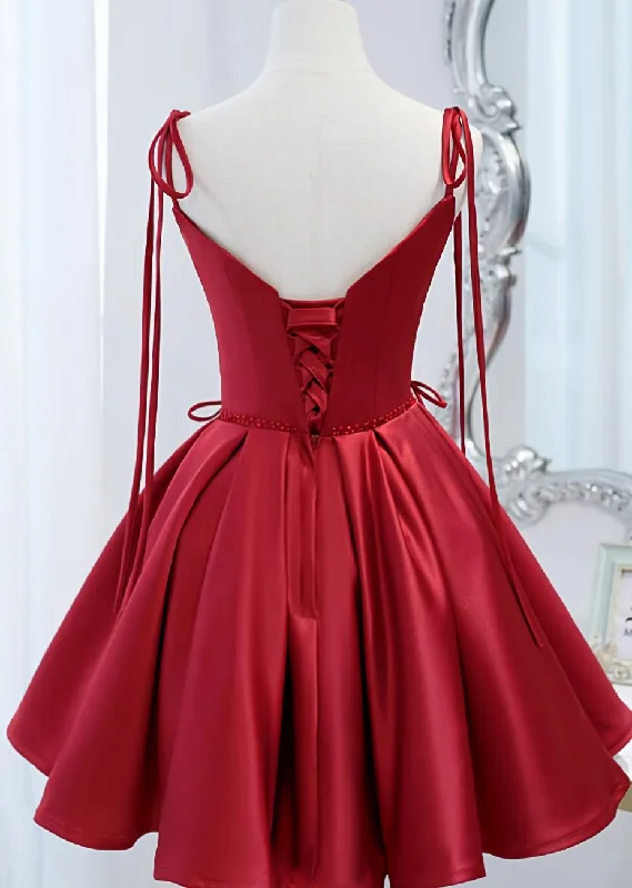 Wine Red Satin V-neckline Straps Beaded Short Prom Dress, Wine Red Party Dresses Tunics Exclusive limited Wine Red Satin V-neckline Straps Beaded Short Prom Dress, Wine Red Party Dresses Tunics Exclusive limited