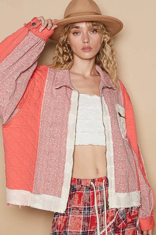 Pol Floral Patchwork Zip Up Long Sleeve Jacket Front Pockets Side Pockets Patch Pockets Pol Floral Patchwork Zip Up Long Sleeve Jacket Front Pockets Side Pockets Patch Pockets