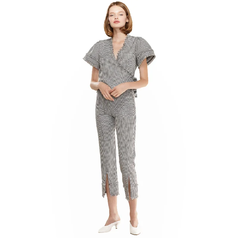 Women's Fringe Trim Slit Hem Gingham Pants in Black Gingham Wide-Legged Palazzos