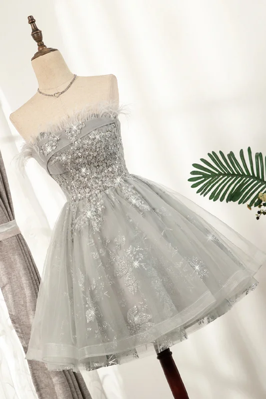 Gray Strapless Tulle Short Prom Dress with Sequins, Cute A-Line Party Dress Bodycon Fitted Nightout Gray Strapless Tulle Short Prom Dress with Sequins, Cute A-Line Party Dress Bodycon Fitted Nightout