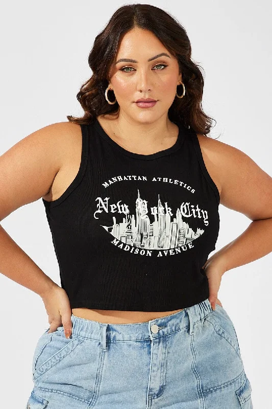 Black Tank Top Sleeveless Crew Neck Graphic New York relaxed fit tank