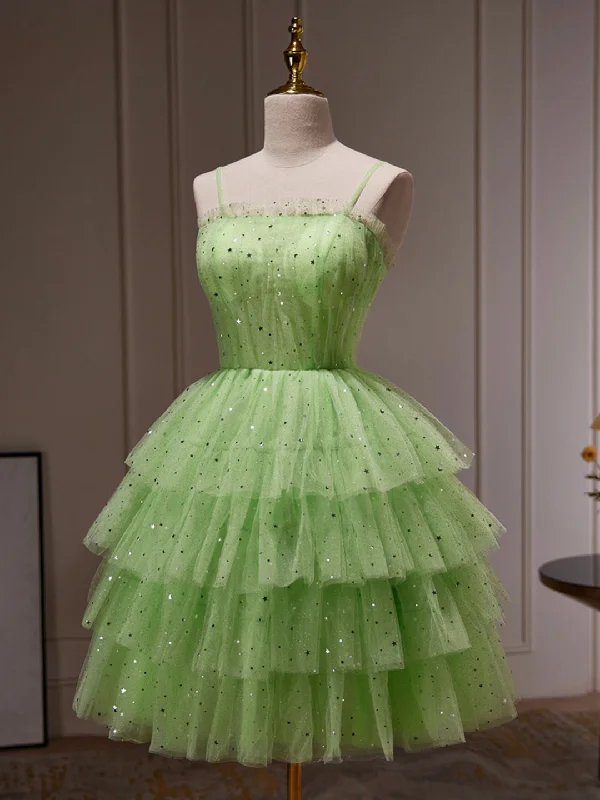 Green Tulle Straps Short Party Dress, Light Green Homecoming Dress Tunics Mesh breathable Green Tulle Straps Short Party Dress, Light Green Homecoming Dress Tunics Mesh breathable