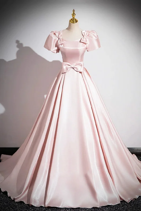 Pink Scoop Neckline Satin Floor Length Prom Dress, Pink Short Sleeve A-Line Party Dress Tunics Top rated Pink Scoop Neckline Satin Floor Length Prom Dress, Pink Short Sleeve A-Line Party Dress Tunics Top rated