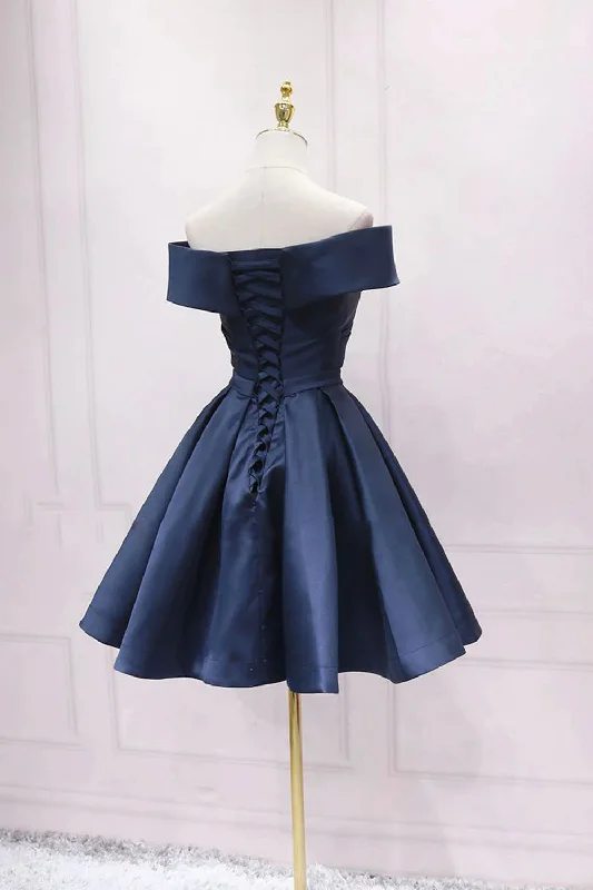 Simple Satin Short Prom Dress, Off Shoulder Blue Party Dress Tunics Corduroy durable Simple Satin Short Prom Dress, Off Shoulder Blue Party Dress Tunics Corduroy durable