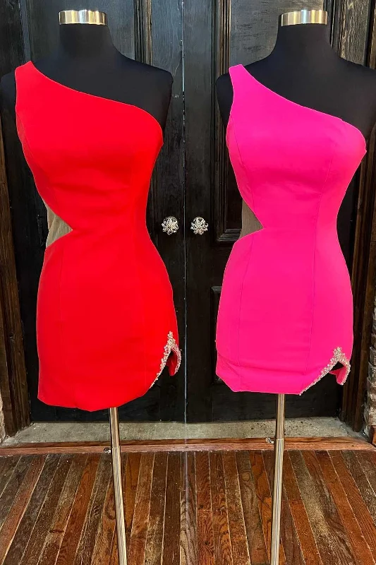 One-Shoulder Beaded Cutout Short Party Dress Pleated Skirt Elegant