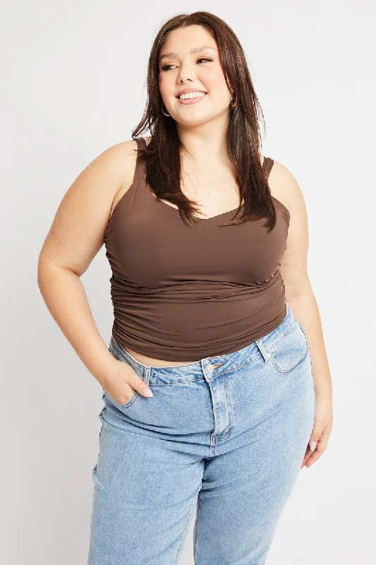 Brown Tank Top V Neck Side Ruched graphic tank top