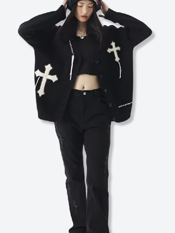 Cross Patch Cardigan Cable Knit Ribbed Knit Lace Knit