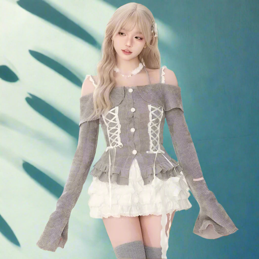 Kawaii Cutecore 2-Piece Set - Lace-Up Top & Ruffle Skirt leather skirt sleek