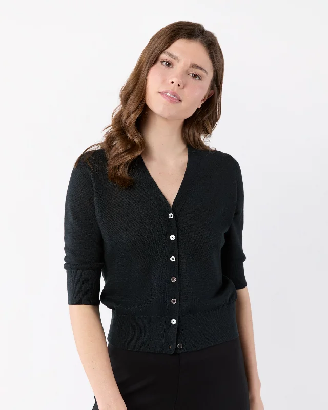 Short-Sleeved Rosie V-Neck Cardigan in Black Linen Boat Neck Shawl Collar Notched Collar