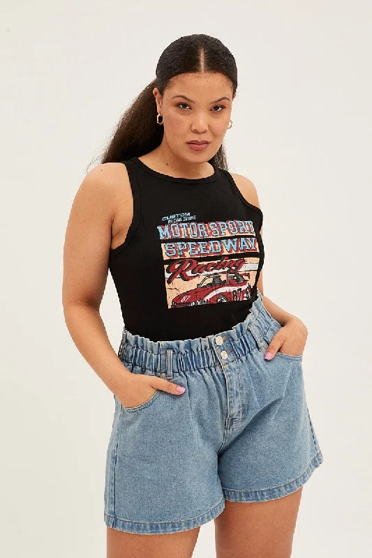 Black Graphic Tank Top Crew Neck baby blue tank