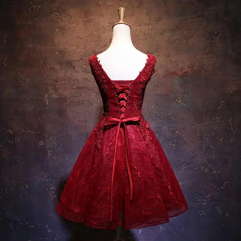 Wine Red Short Lace Cute Homecoming Dress, V Neckline Lace Up Teen Party Dress Glittery Long Formal Wine Red Short Lace Cute Homecoming Dress, V Neckline Lace Up Teen Party Dress Glittery Long Formal