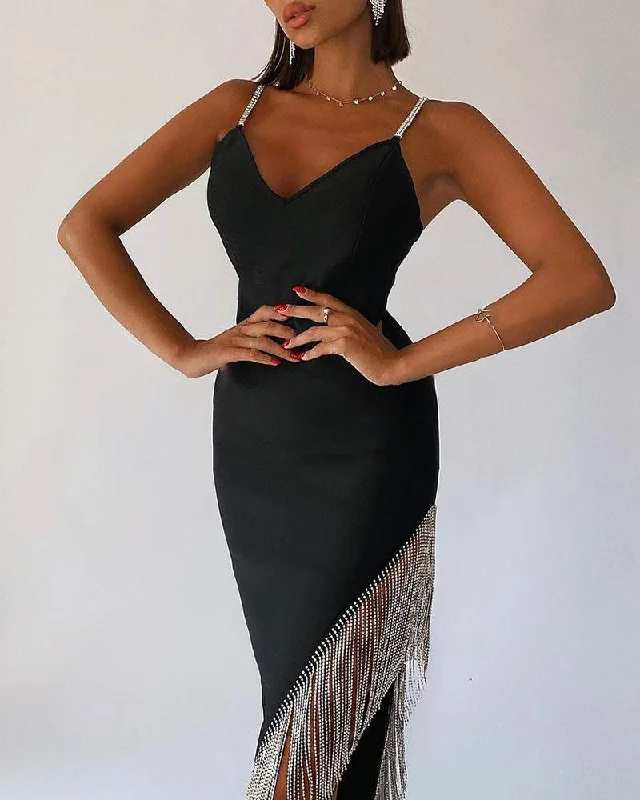 NEW Rhinestone Tassel Design Asymmetrical Party Dress Tunics Fleece cozy