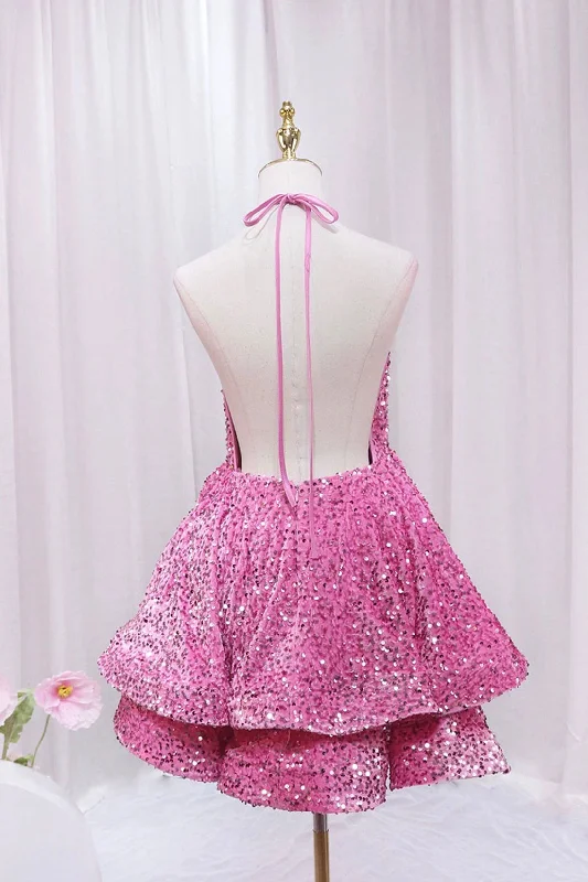 Pink V-Neck Sequins Short Prom Dress, Pink A-Line Backless Party Dress Chiffon Maxi Beach Pink V-Neck Sequins Short Prom Dress, Pink A-Line Backless Party Dress Chiffon Maxi Beach