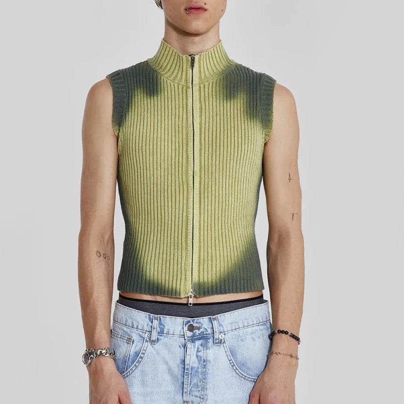 Cyberpunk Zip-Up Cardigan Vest Denim Fabric Leather Fabric Suede Fabric