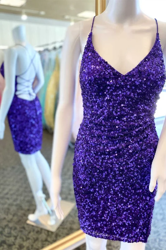 Short Purple Sequined V-Neck Party Dress Homecoming Dresses Tunics Polka dots