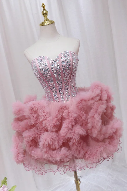 Pink Tulle Short Homecoming Dress with Rhinestones, Cute Party Dress Tunics Essential wardrobe Pink Tulle Short Homecoming Dress with Rhinestones, Cute Party Dress Tunics Essential wardrobe