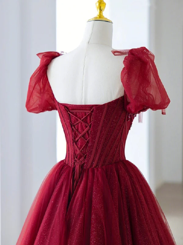 Wine Red Short Sleeves Beaded Long Prom Dress, Wine Red Sweetheart Party Dress Tunics Print Colorful