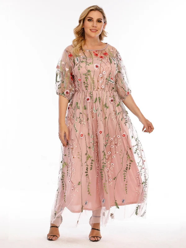 KittenAlarm - Plus Size Mesh Embroidery Party Dress Tunics Practical easy-care
