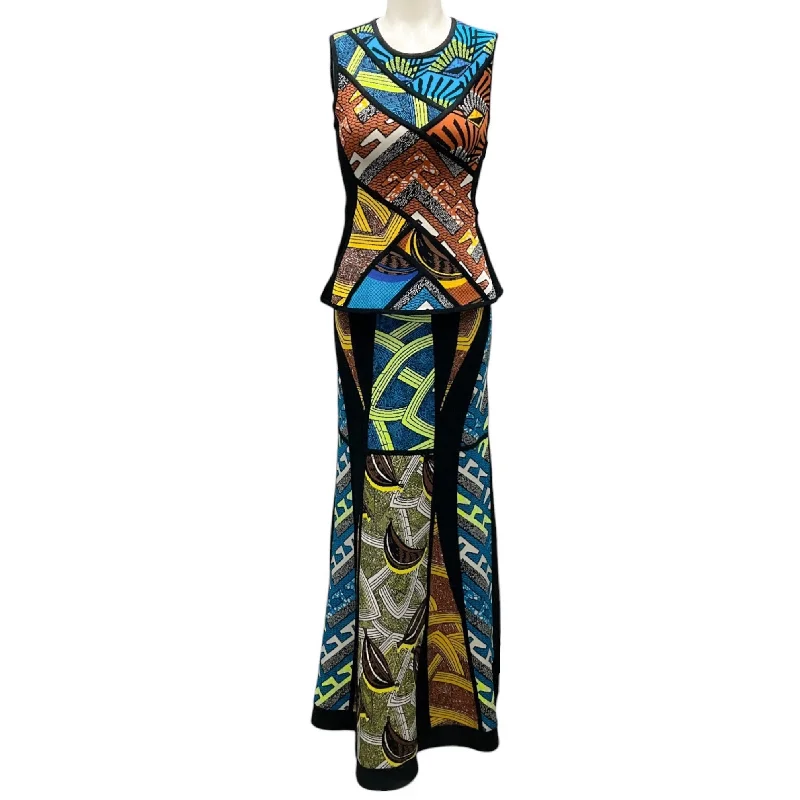 Herve Leger Blue / Black Multi Knit Donella Top and Nolena Skirt Two-Piece Set ruffled skirt detail