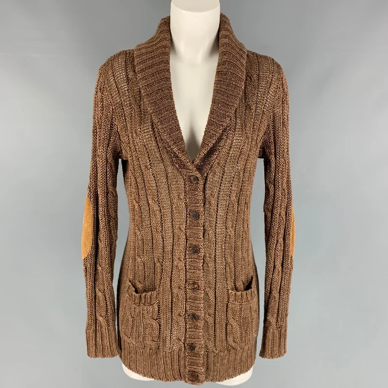 RALPH LAUREN Size S Brown Linen Suede Elbow Patches Cardigan Cashmere Blend Cotton Blend Poly Blend RALPH LAUREN Size S Brown Linen Suede Elbow Patches Cardigan Cashmere Blend Cotton Blend Poly Blend
