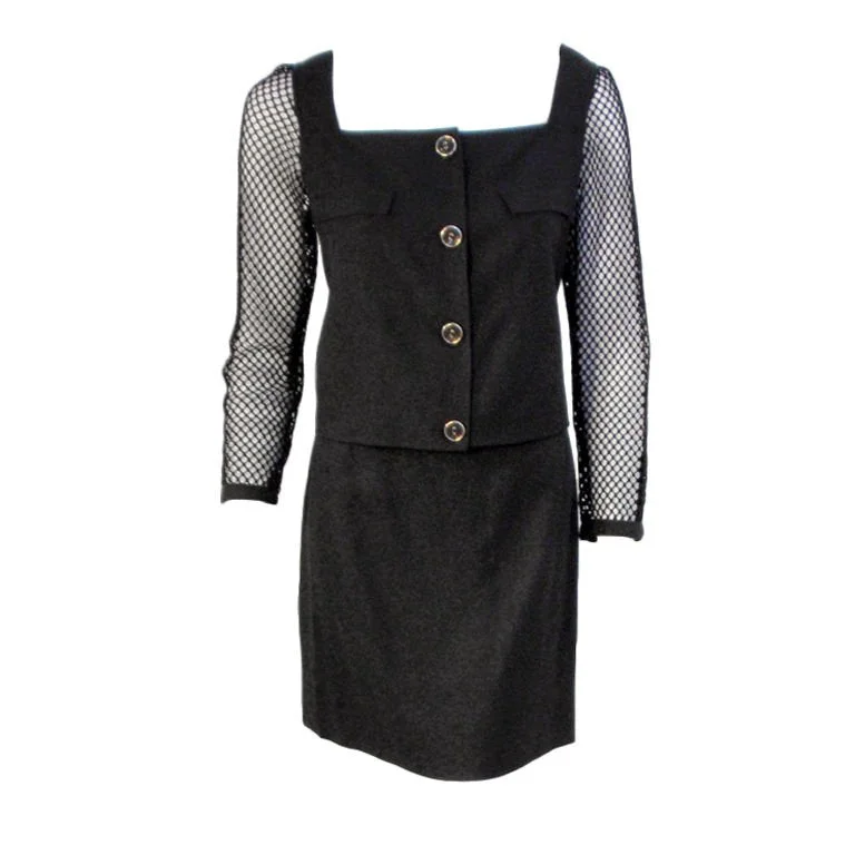 COURREGES Black 2 pc Skirt with Fishnet Sleeve Jacket 4-6 Striped Jacket Polka Dot Jacket Floral Jacket COURREGES Black 2 pc Skirt with Fishnet Sleeve Jacket 4-6 Striped Jacket Polka Dot Jacket Floral Jacket