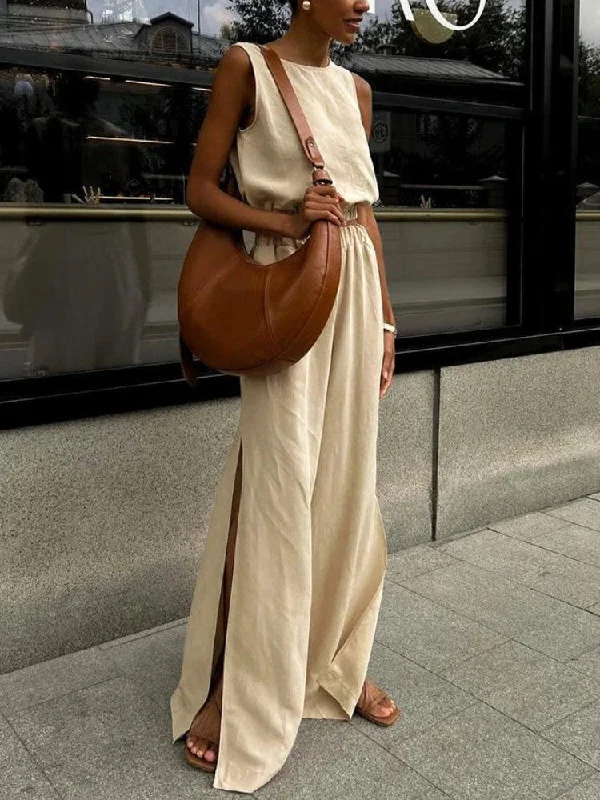 Linen Top & Pants Two Piece Set Soft Sweatpants Style