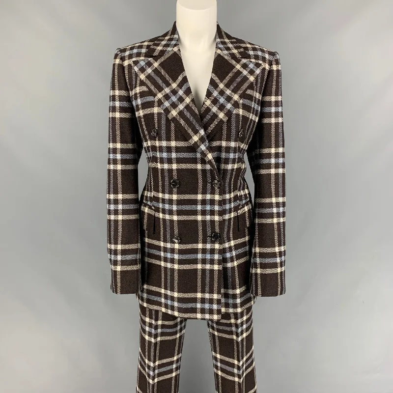 KITON Size 6 Brown & Blue Cashmere Plaid Double Breasted Pants Suit Relaxed Lounge Trousers