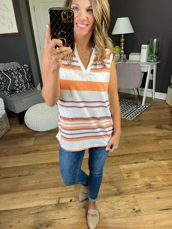 Vintage Snapshot Striped V-Neck Tank - Rust/Orange/Ivory mint tank top