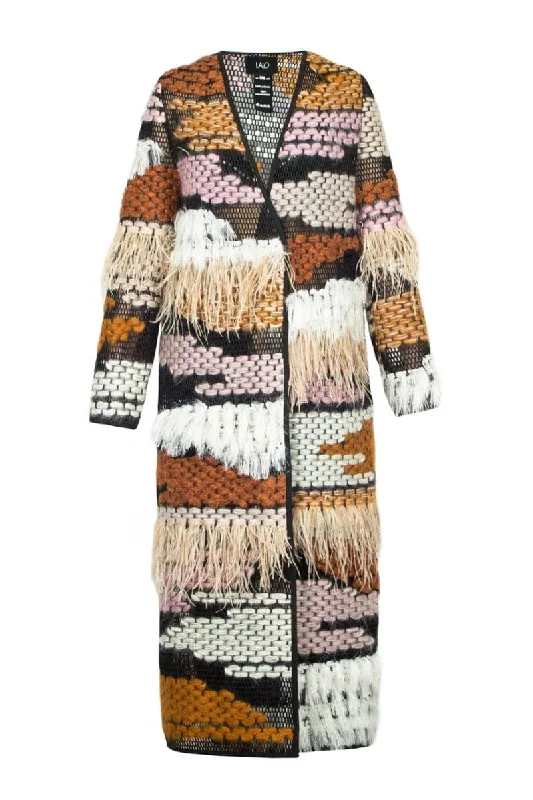 WOOL-BLEND FRINGED LONG-LINE BROWN CARDIGAN Handmade Hand-knitted Hand-woven