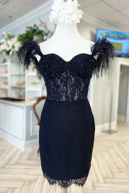 Black Lace Feather Sweetheart Short Party Dress Boatneck Modish Everyday