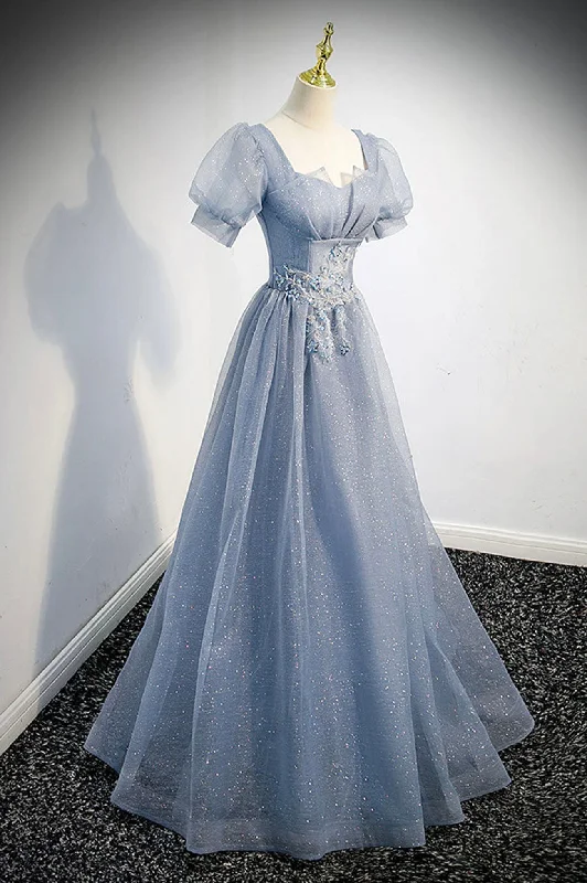 Cute Shiny Tulle Long Prom Dress, A-Line Short Sleeve Evening Party Dress Tunics Exclusive limited Cute Shiny Tulle Long Prom Dress, A-Line Short Sleeve Evening Party Dress Tunics Exclusive limited