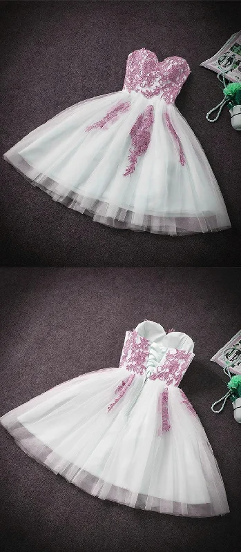 Pink and White Sweetheart Knee Length Party Dress Homecoming Dress, Short Prom Dresses empire Waist empire Pink and White Sweetheart Knee Length Party Dress Homecoming Dress, Short Prom Dresses empire Waist empire