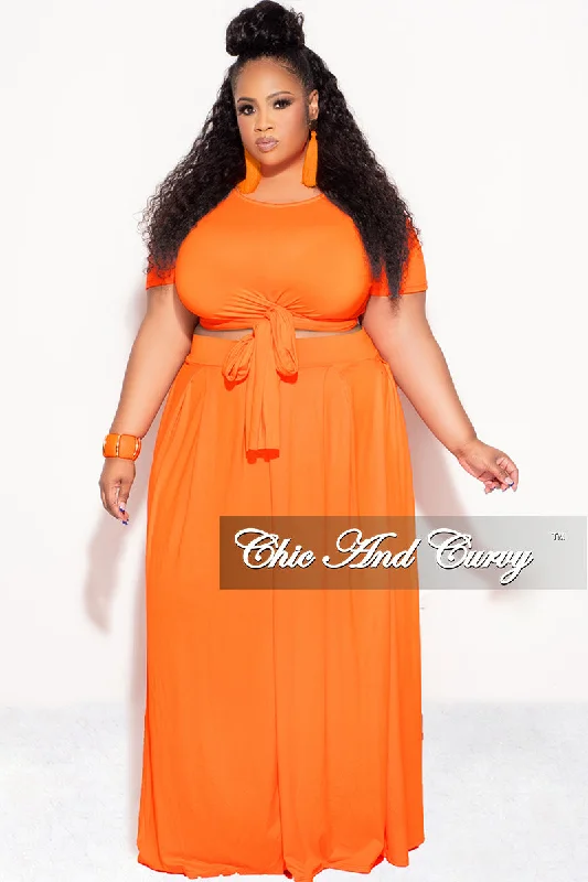Final Sale Plus Size 2pc Short Sleeve Tie Top and Skirt Set in Orange belted skirt waist