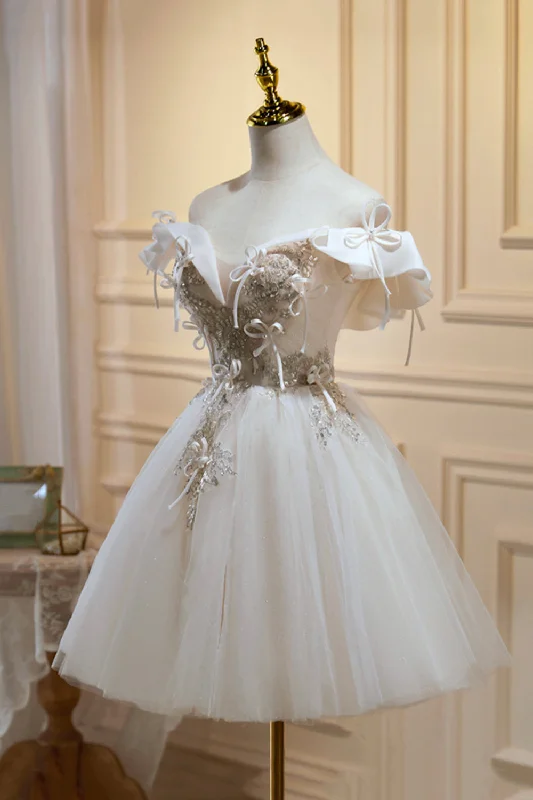 Cute Tulle Sequins Short Prom Dress, Light Champagne Off Shoulder Party Dress Boat Neckline Classic Cute Tulle Sequins Short Prom Dress, Light Champagne Off Shoulder Party Dress Boat Neckline Classic