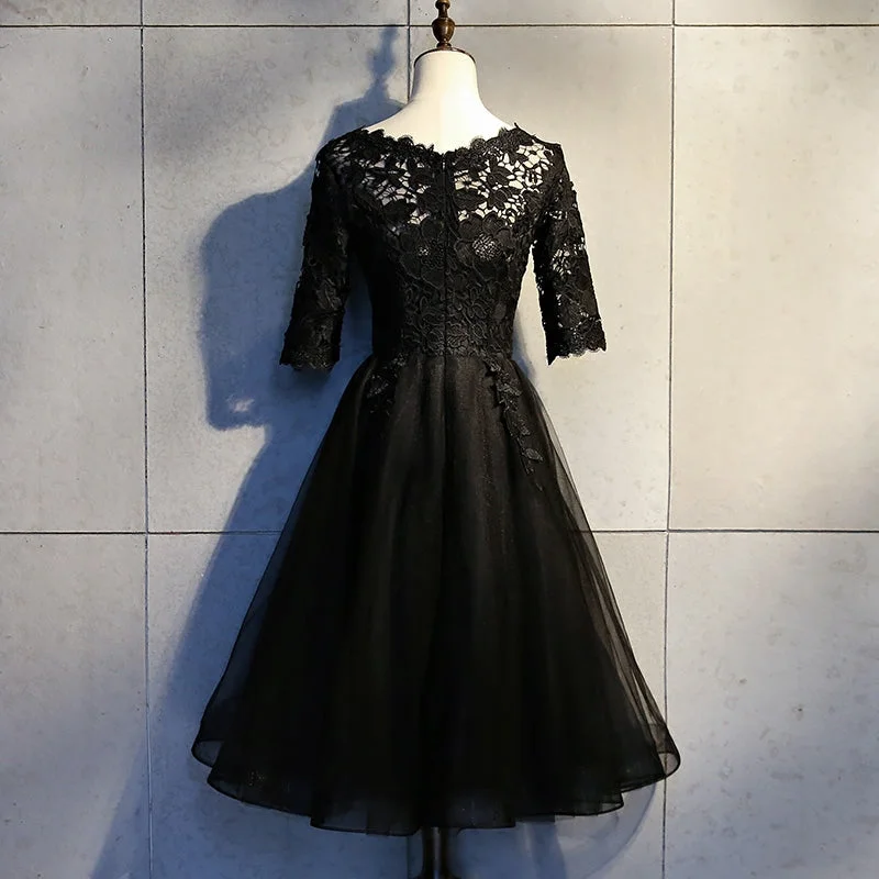 Black Lace and Tulle Short Sleeves Party Dresses Formal Dress, Black Homecoming Dresses Shift Classic Vintage Black Lace and Tulle Short Sleeves Party Dresses Formal Dress, Black Homecoming Dresses Shift Classic Vintage