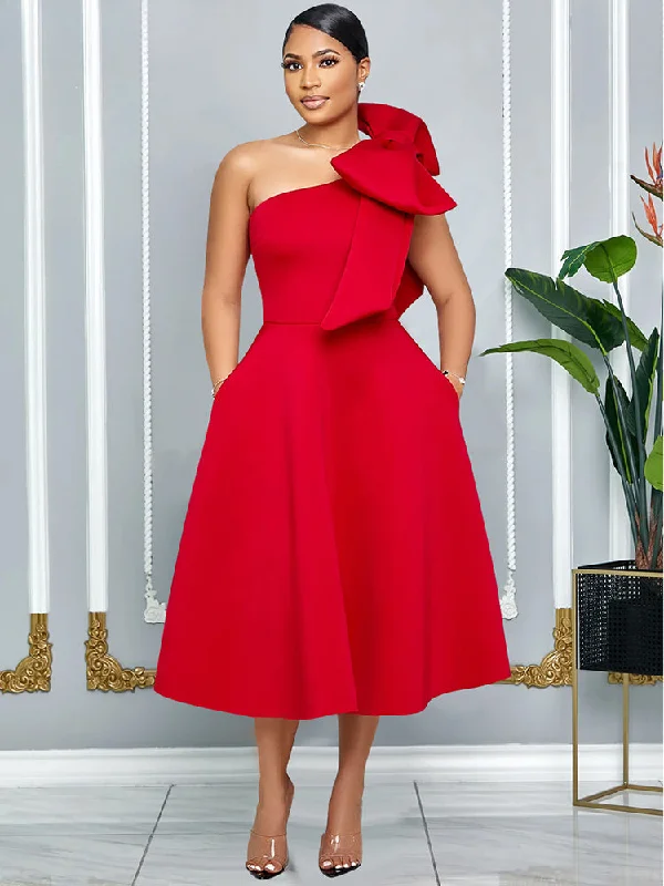 Red Christmas Party Dress with A Line Pleated One Shoulder Bow High-Low Hemline Casual Red Christmas Party Dress with A Line Pleated One Shoulder Bow High-Low Hemline Casual