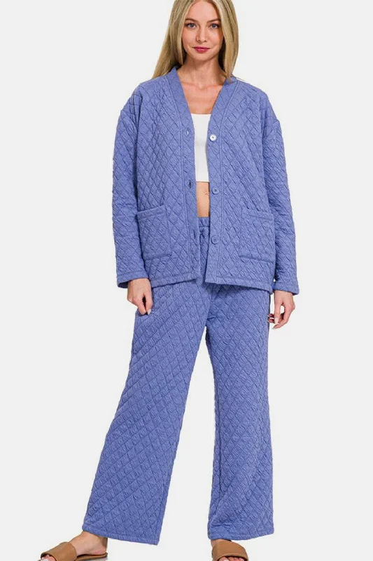 Zenana Quilted Button Up Long Sleeve Top and Pants Lounge Set In Blue Soft Cotton Pants Zenana Quilted Button Up Long Sleeve Top and Pants Lounge Set In Blue Soft Cotton Pants