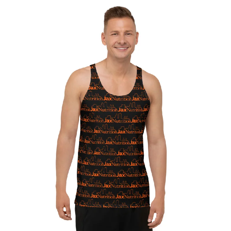 Jax Nutrition Orange Logo Everywhere Unisex Black Tank Top cold shoulder tank