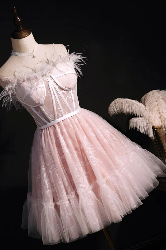 Pink A-Line Tulle Short Prom Dress with Feather, Pink Strapless Party Dress Tunics Silk luxurious Pink A-Line Tulle Short Prom Dress with Feather, Pink Strapless Party Dress Tunics Silk luxurious