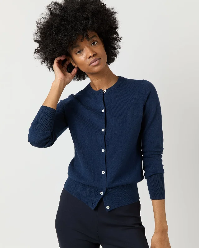 Rosie Cardigan in Navy Cotton/Silk Glossy Satin Silk