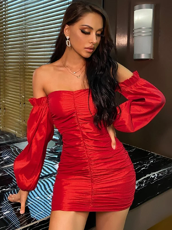 KittenAlarm - Off Shoulder puff sleeve Ruched Bodycon sexy party Dress Boat Neckline Classic KittenAlarm - Off Shoulder puff sleeve Ruched Bodycon sexy party Dress Boat Neckline Classic