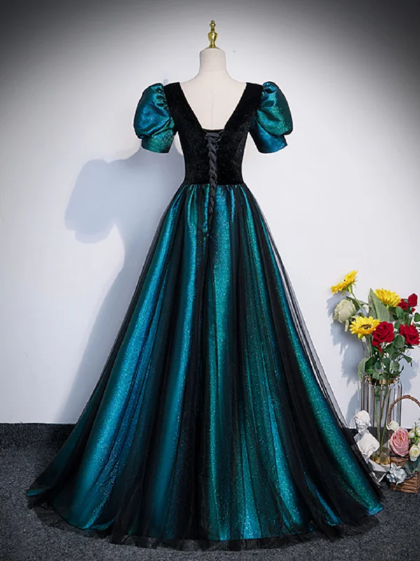 Unique Black Velvet and Tulle Long Prom Dress, A-Line Short Sleeve Evening Party Dress Tunics Seasonal trendy Unique Black Velvet and Tulle Long Prom Dress, A-Line Short Sleeve Evening Party Dress Tunics Seasonal trendy
