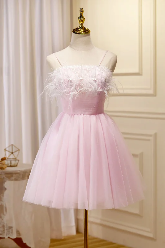 Lovely Pink Tulle Straps Knee Length Party Dresses, Pink Short Prom Dresses Tunics Fleece cozy Lovely Pink Tulle Straps Knee Length Party Dresses, Pink Short Prom Dresses Tunics Fleece cozy